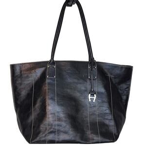 Etienne Aigner Large Black Leather White Stitch Tote Great Computer or Beach Bag